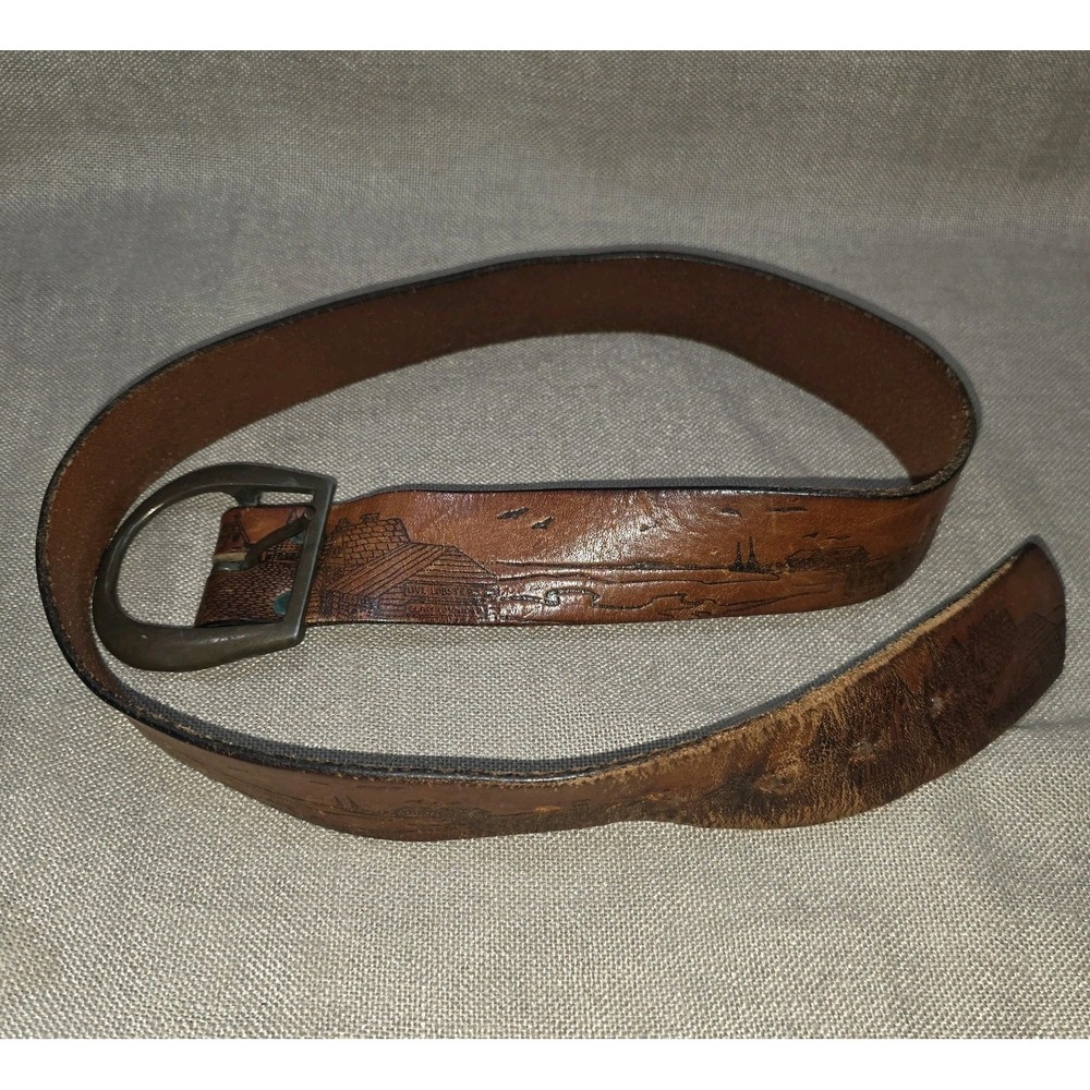 Brandl Hand tooled leather belt VINTAGE Coastal Scene Belt Fits 32 Waist
